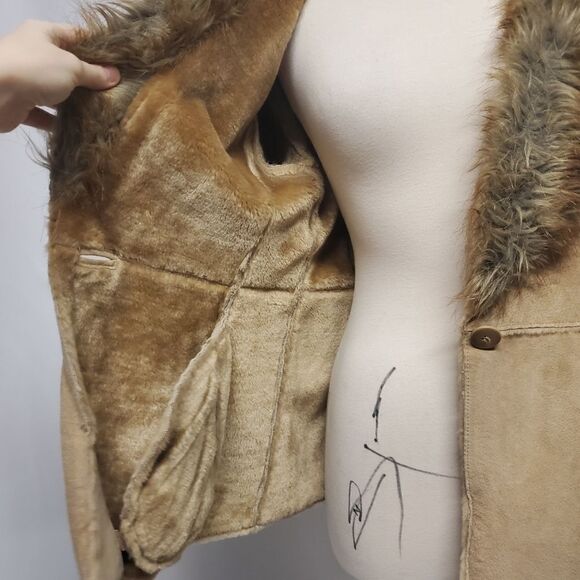 Vintage 90s y2k Penny Lane Style Tan Leather Faux Fur Collar Plush Jacket Md - Picture 5 of 7
